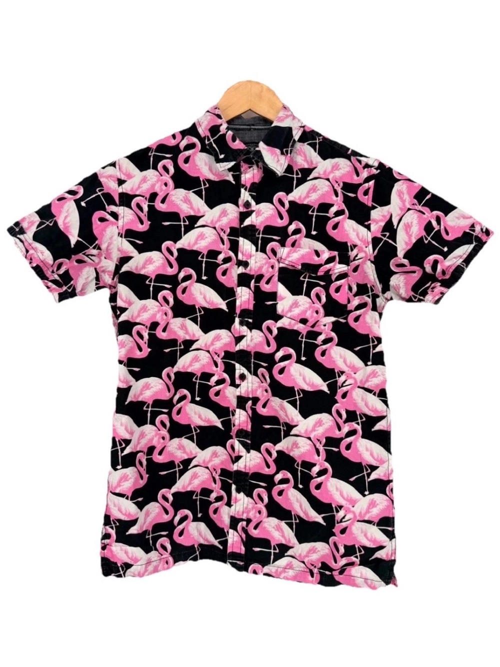 Flamingo Shirt Men Medium Black Pink Cotton Retro Tropical Resort Vacation FL